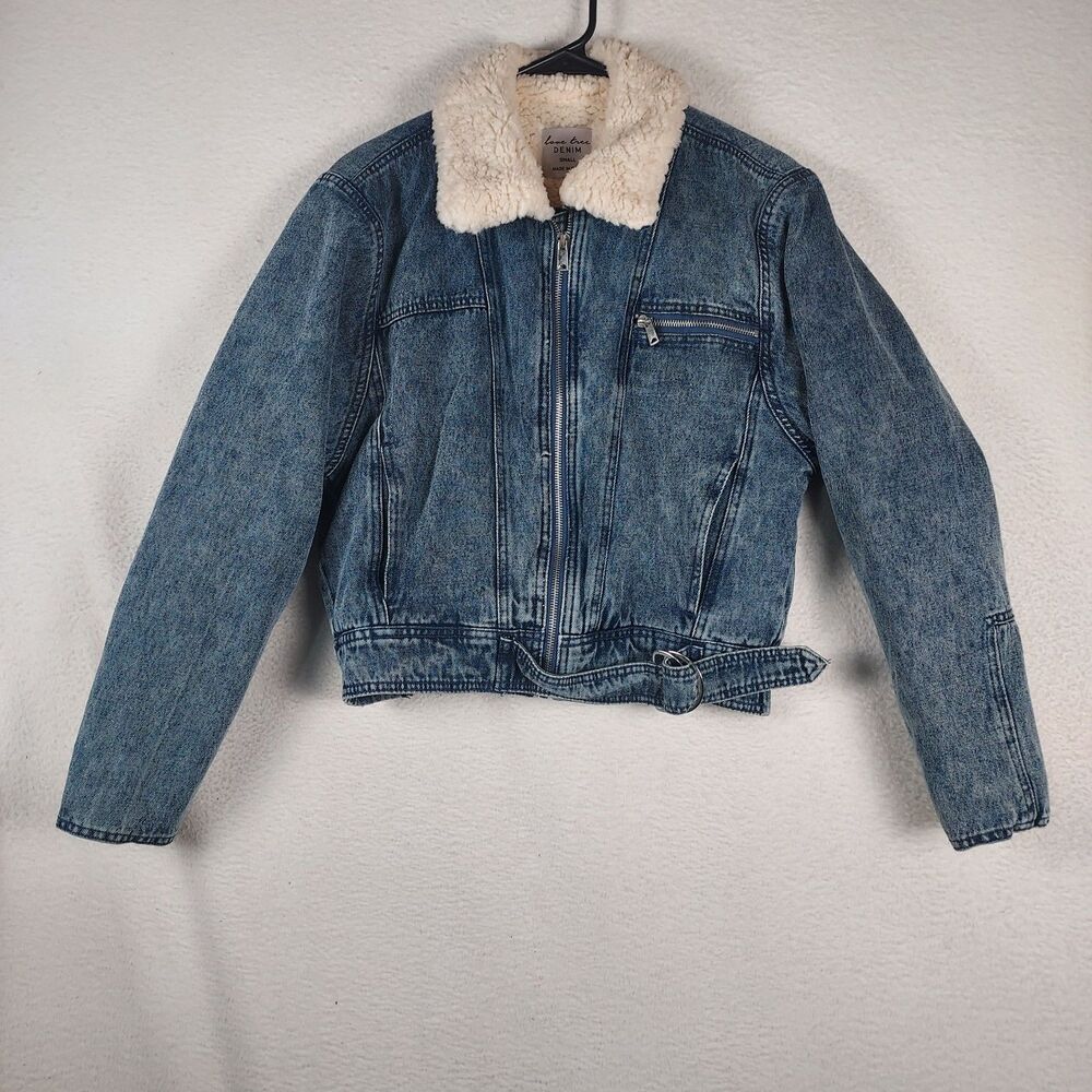 Love Tree Denim Sherpa Jacket Womens Small Cropped Lined Blue Jean